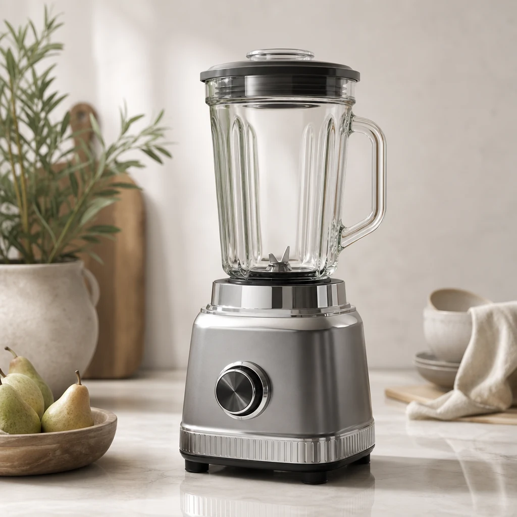 High-power blender with a glass goblet and a control dial