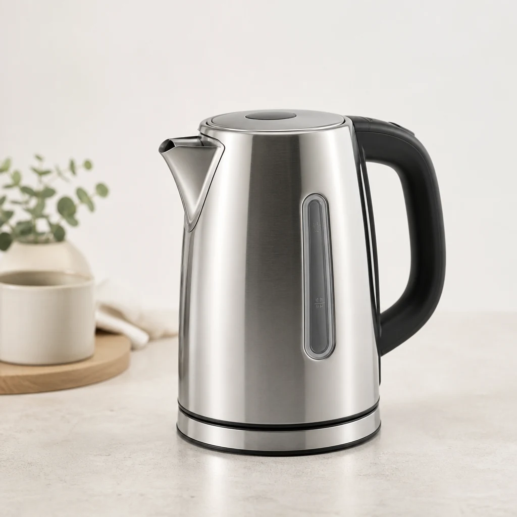 Stainless steel kettle with a black handle on a neutral surface
