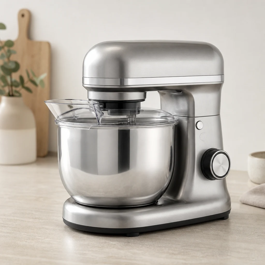 Large-bowl stand mixer in a brushed metal finish