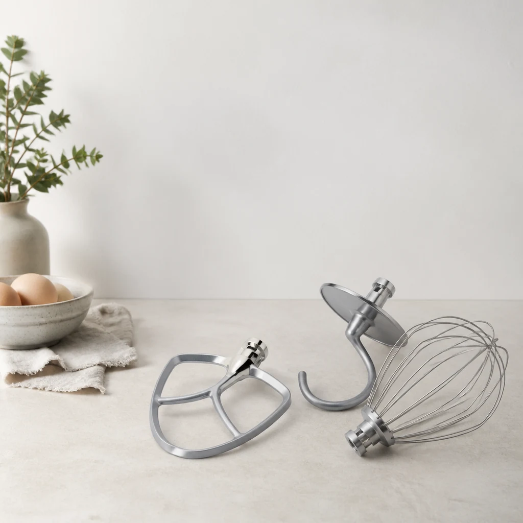 Mixer attachments, beater, dough hook and whisk, laid out together