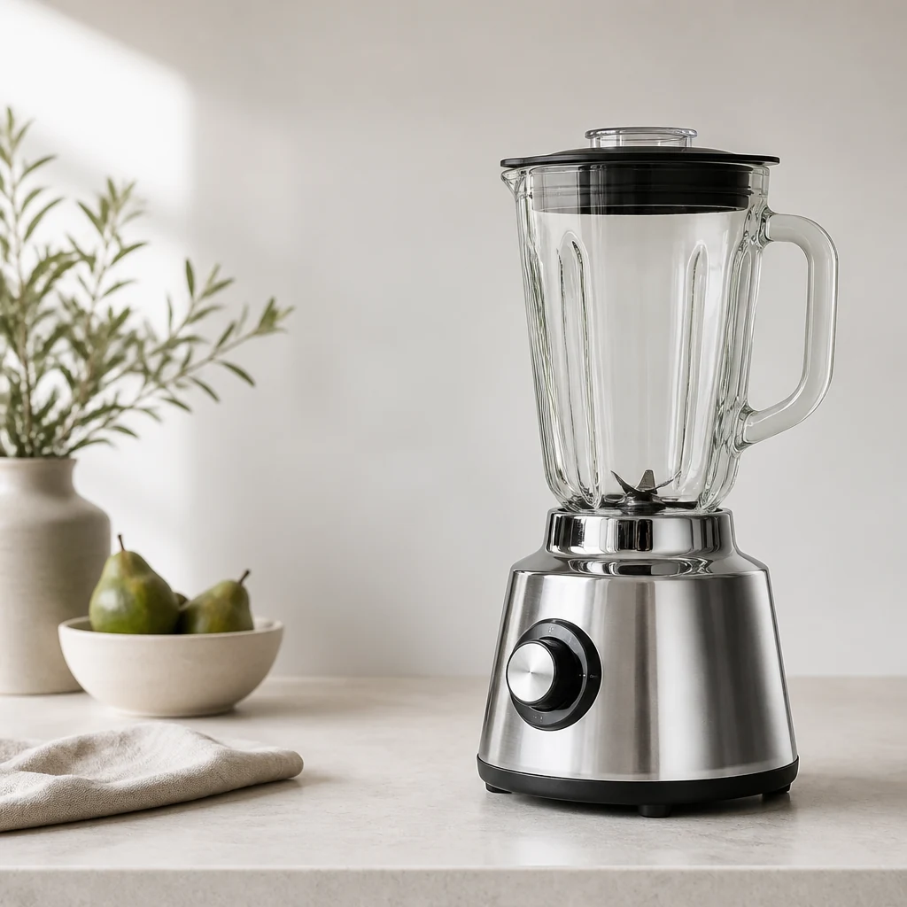 Glass jug blender on a light worktop