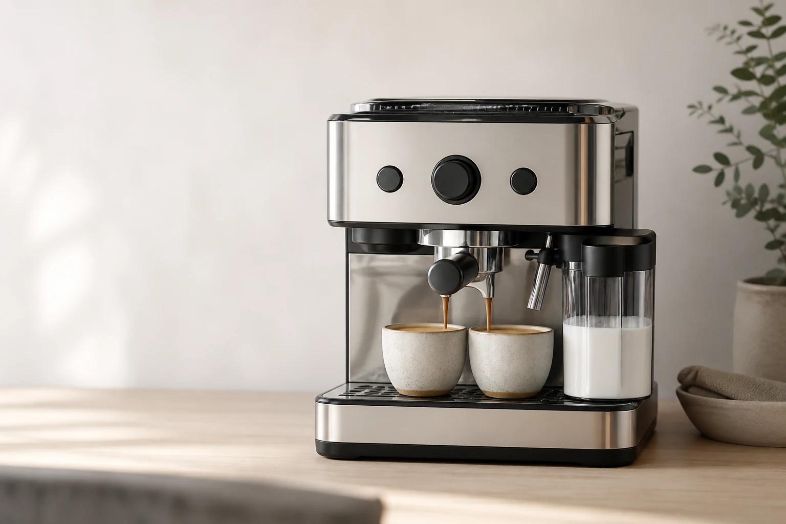 Bean-to-cup coffee machine pouring into two cups