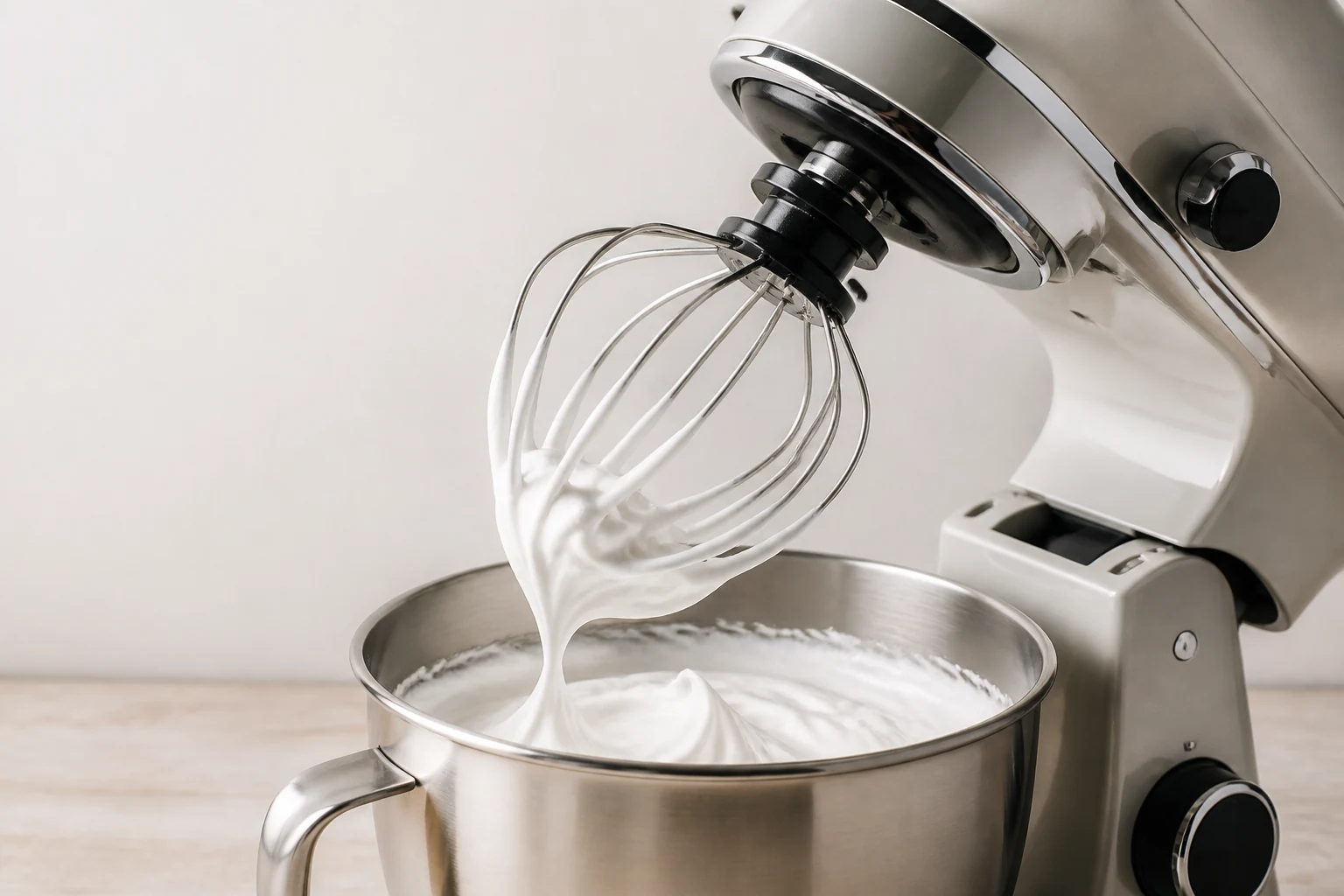 Stand mixer with a whisk lifted out of a bowl of meringue
