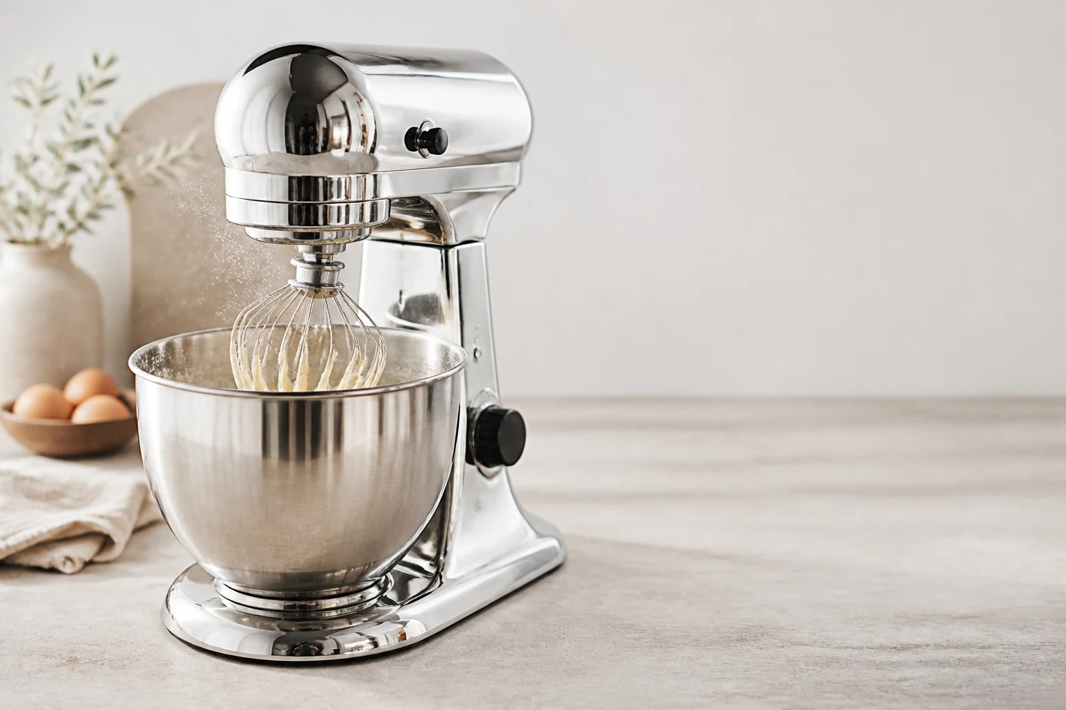 Stand mixer with a whisk attachment working through dough on a light kitchen worktop