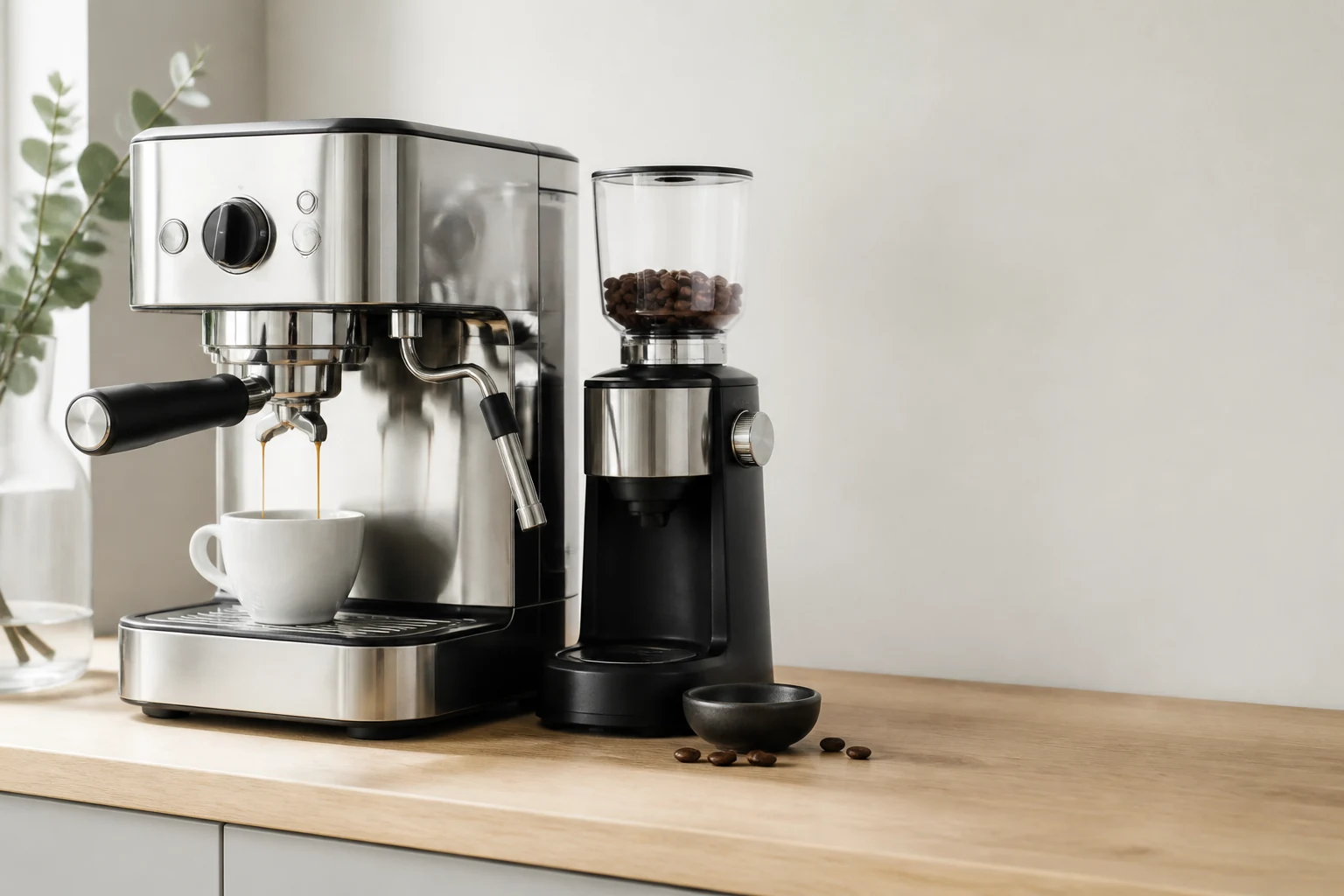 Espresso machine pulling a shot into a cup beside a burr grinder