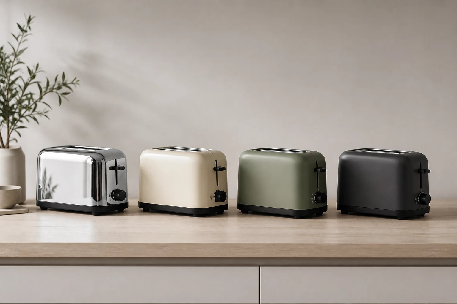 Row of toasters in different finishes on a neutral background