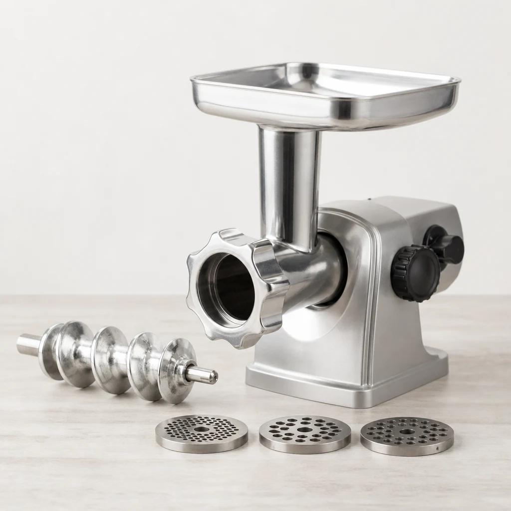 Meat grinder attachment with cutting plates on a worktop