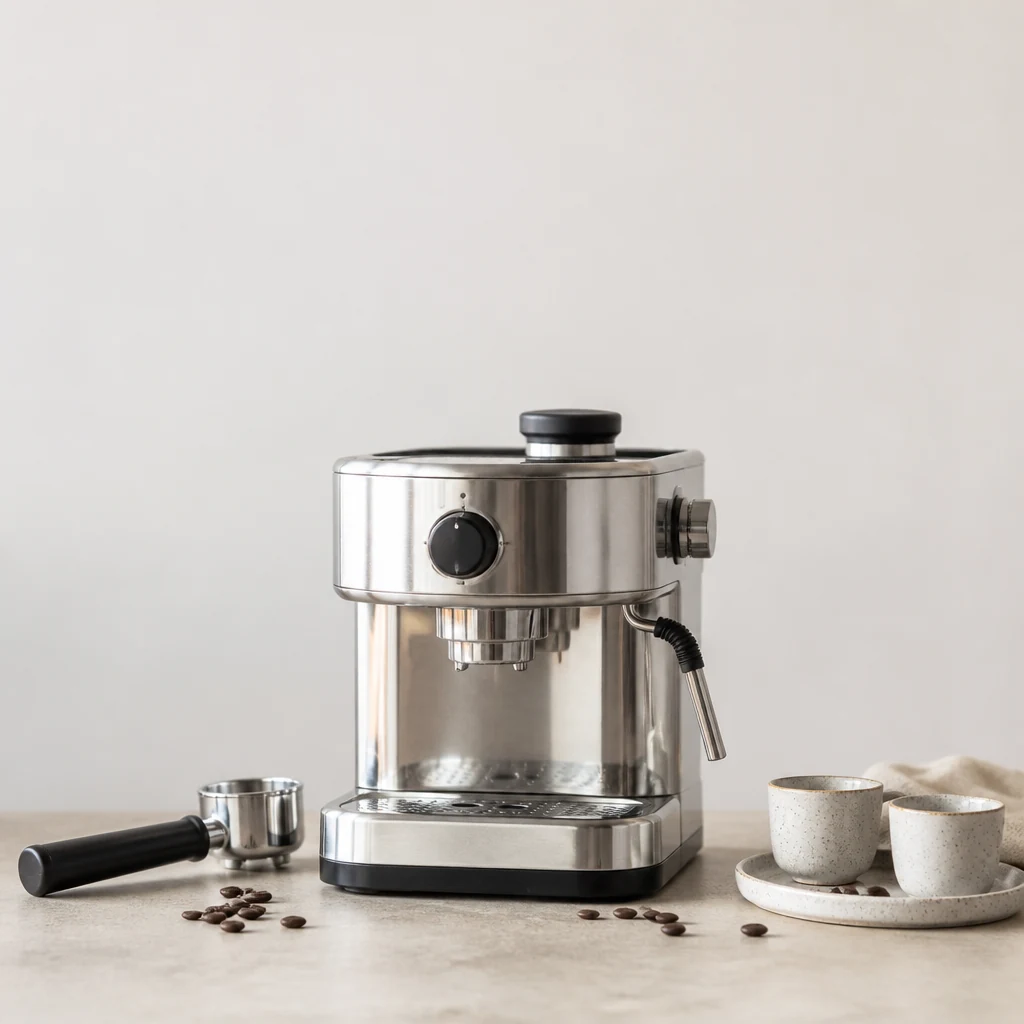 Espresso machine and portafilter on a stone worktop