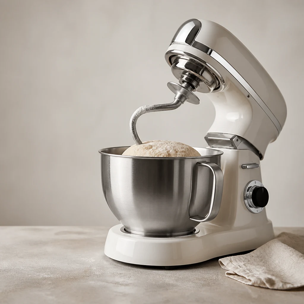 Chrome stand mixer with a bowl of batter
