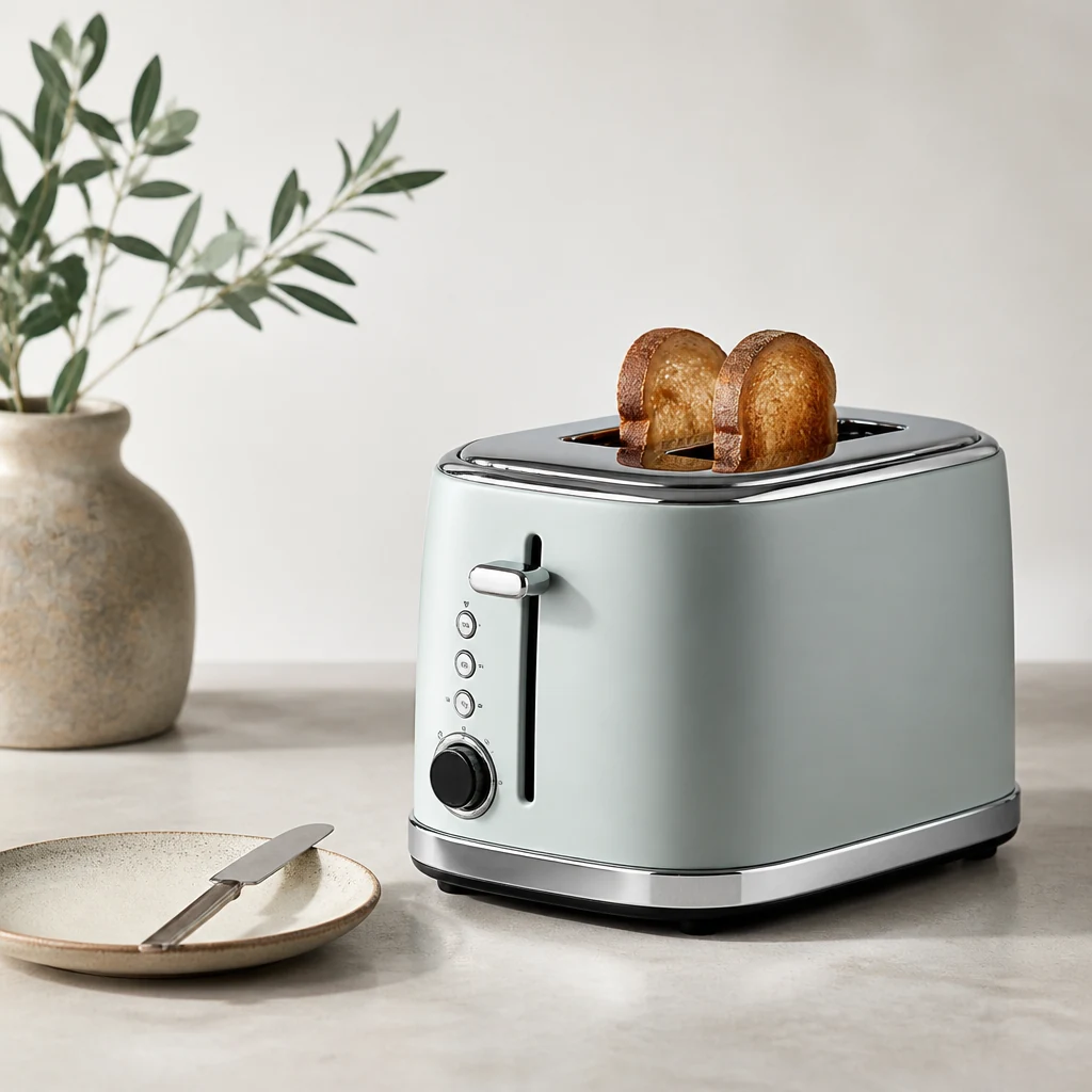 Two-slice toaster in a matte finish beside toasted bread